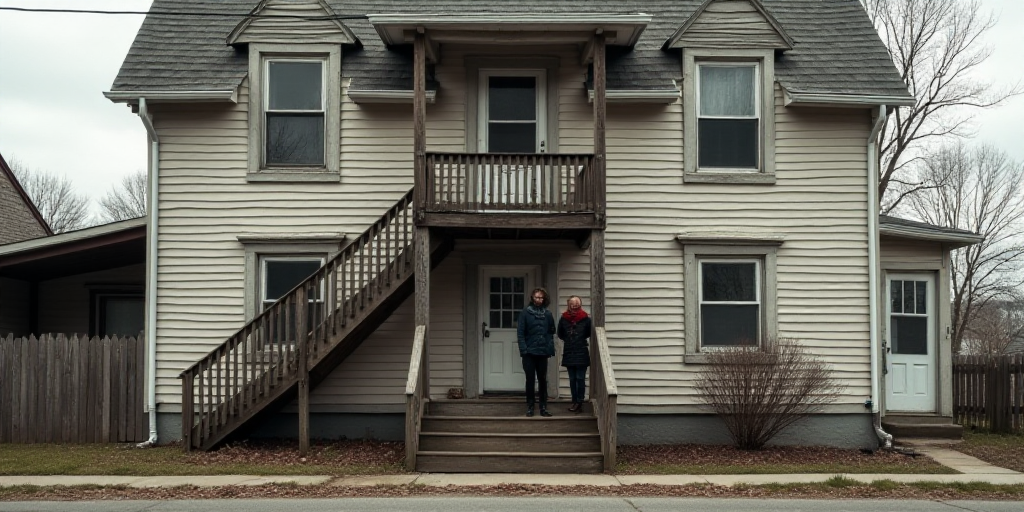 a group of people standing outside of a building with a staircase leading to a second story window a