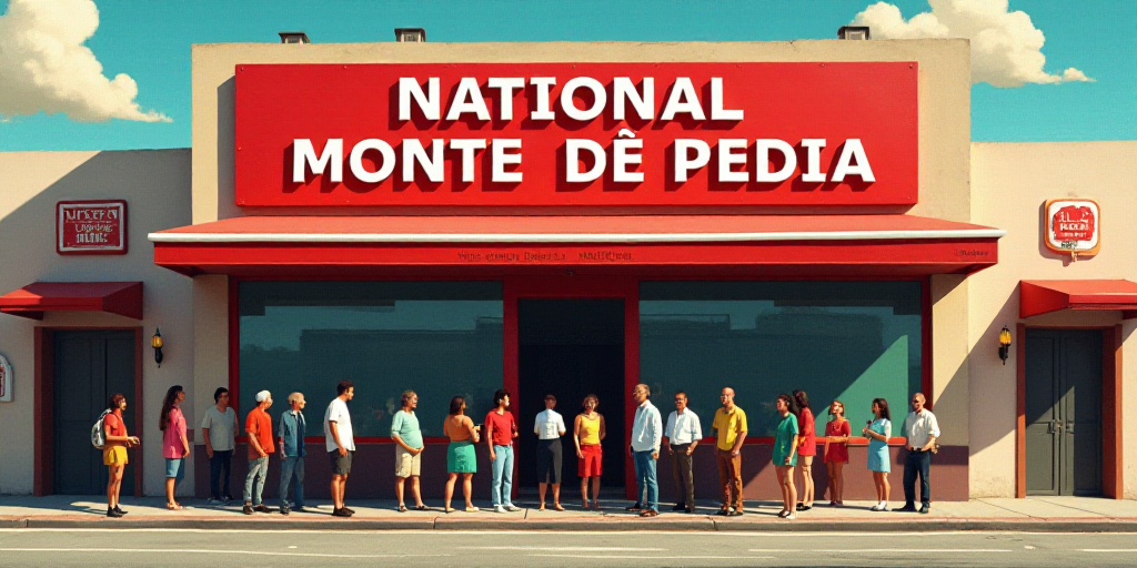 a group of people standing outside of a building with a red sign above it that says national monte d