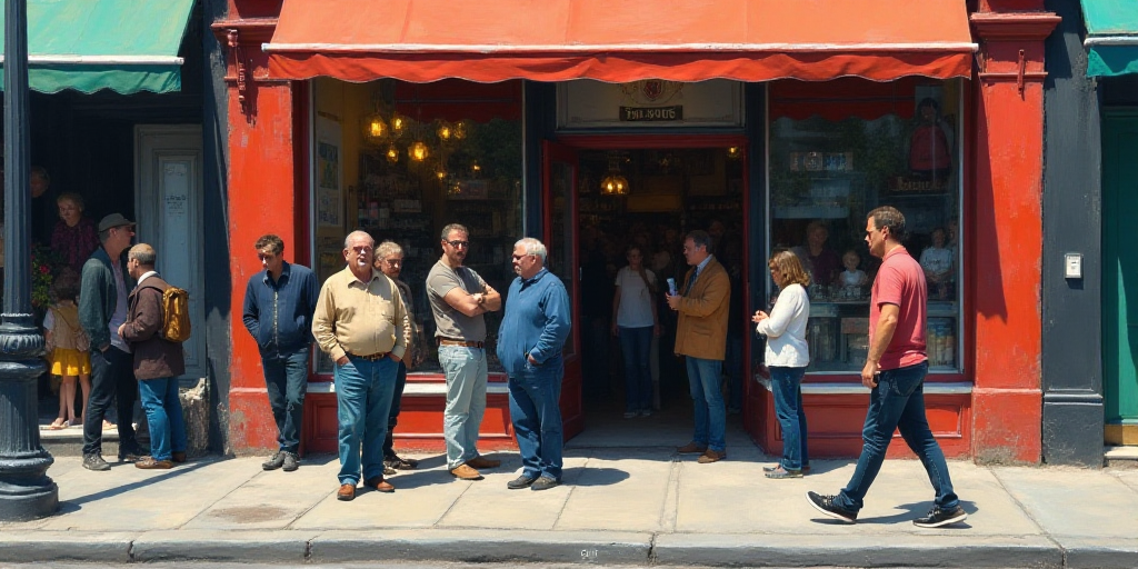 a group of people standing outside of a store front with a man walking by the entrance of the store,