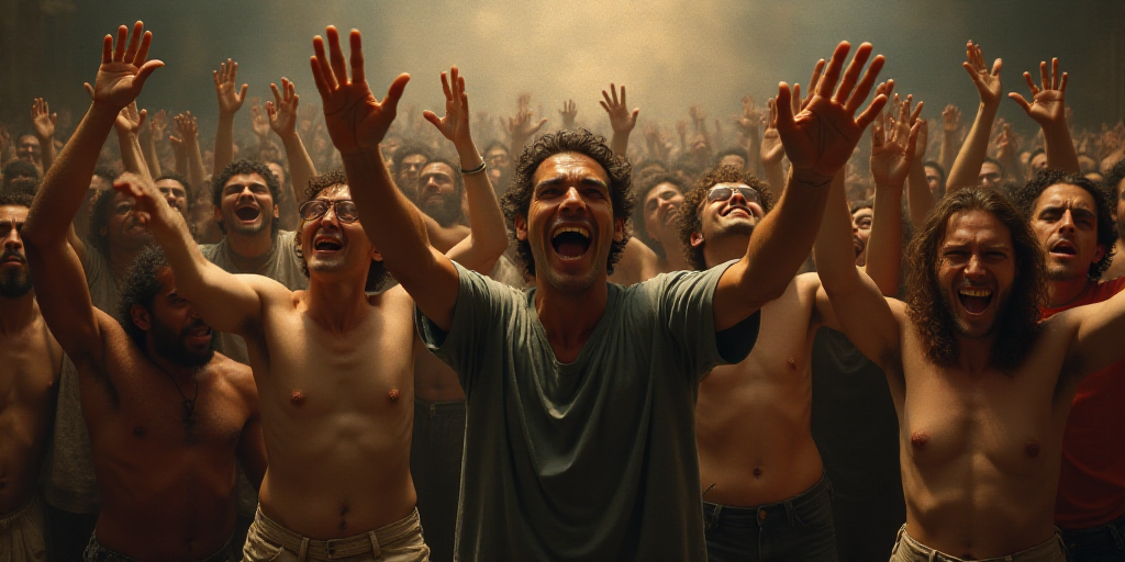 a group of people standing together in a crowd with their hands up in the air and smiling at the cam