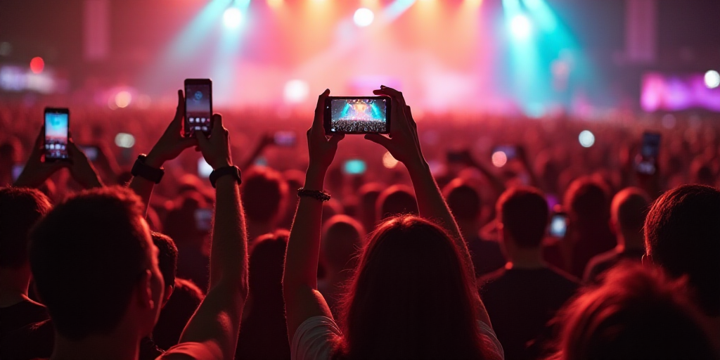 a group of people taking a picture with their cell phones at a festival with a crowd of people in th