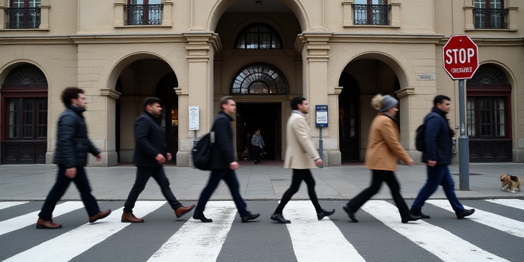 a group of people walking across a cross walk in front of a building with a stop sign on it, Ceferí