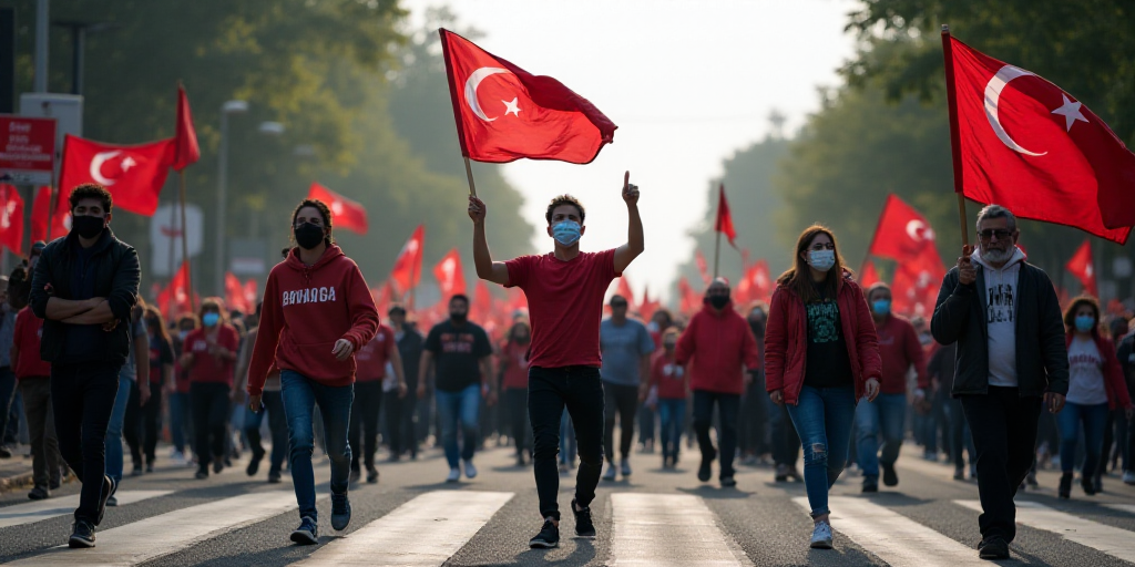 a group of people walking across a street holding signs and flags in the air and wearing masks on th