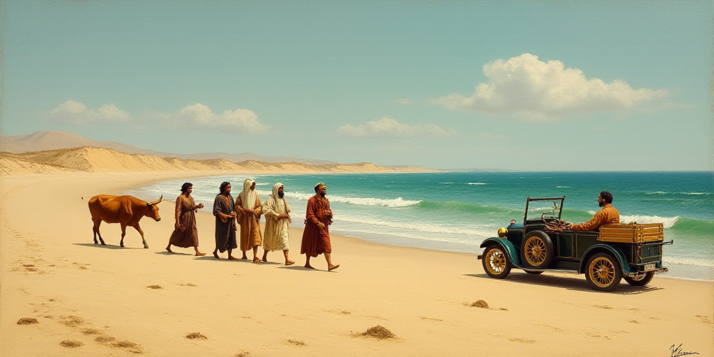 a group of people walking across a sandy beach next to a cow and a car with a man on it, Bouchta El