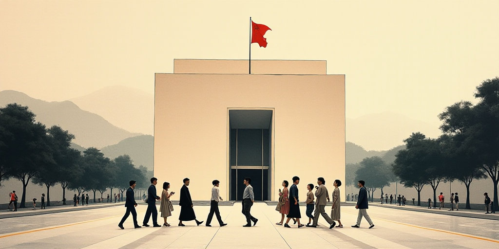 a group of people walking across a street in front of a building with a flag on it's side, Cui Bai,