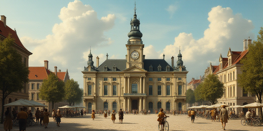 a group of people walking and riding bikes in front of a building with a clock tower on top of it, E