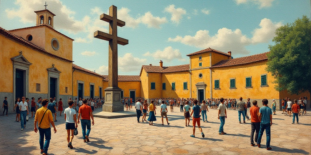 a group of people walking around a plaza with a cross on it's side and a building in the background,