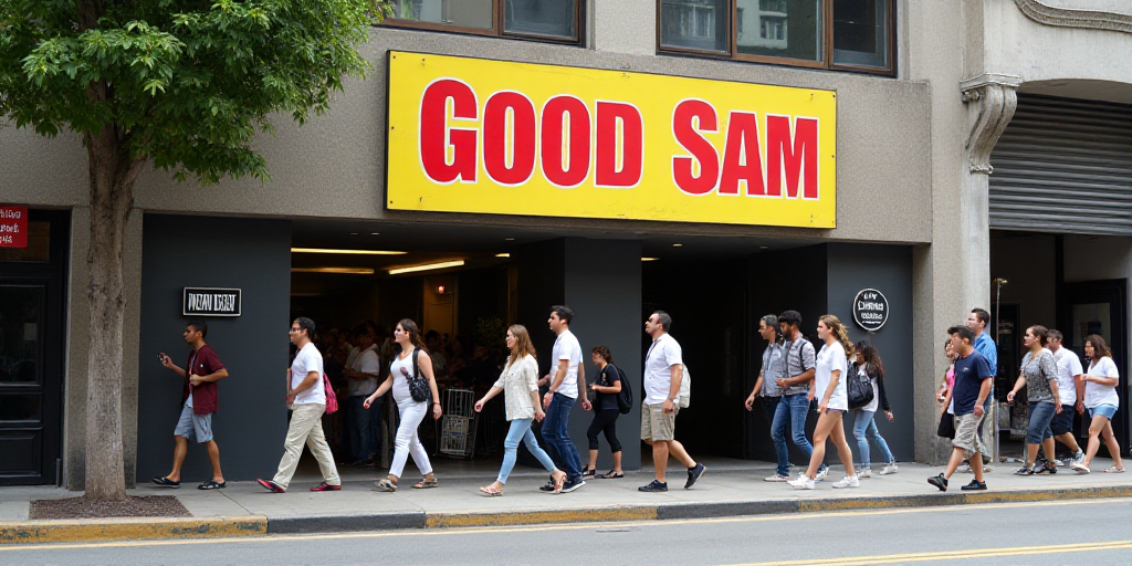 a group of people walking down a sidewalk next to a building with a sign on it that says, good sam,