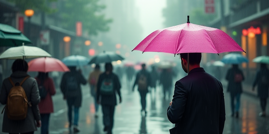 a group of people walking down a street in the rain with umbrellas over their heads and a man holdin