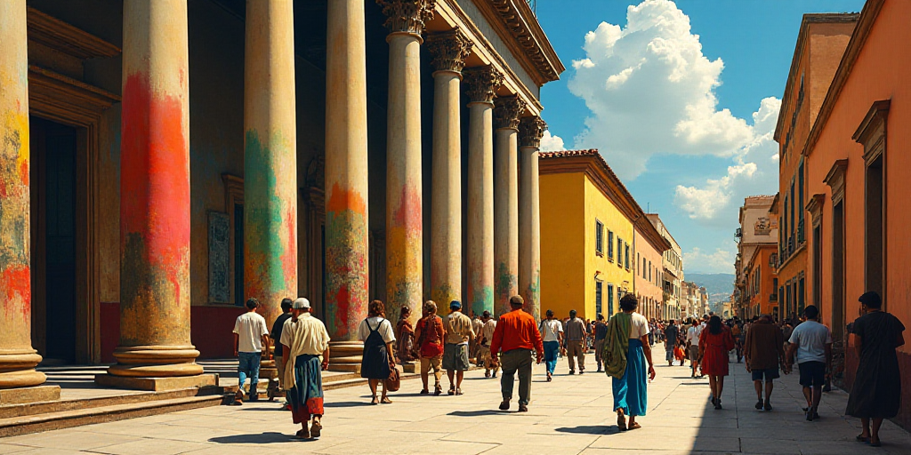 a group of people walking down a street next to tall buildings with columns and a flag painted on th