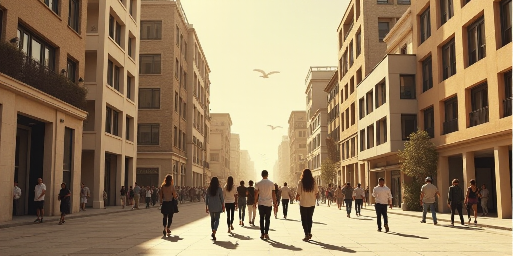 a group of people walking down a street next to tall buildings with a sign that reads bovesida, Edua