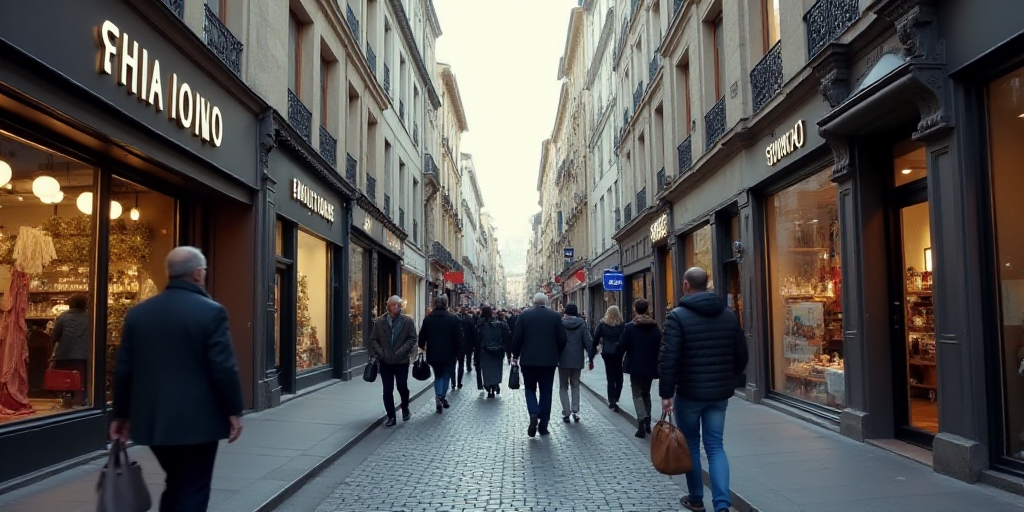 a group of people walking down a street next to tall buildings and shops on either side of the stree