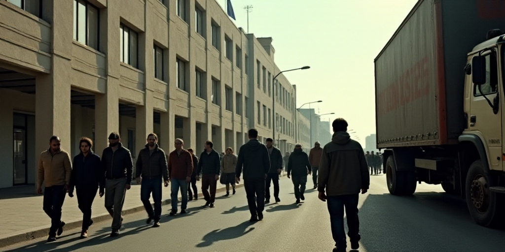 a group of people walking down a street next to a truck and a building with a flag on it, Estuardo M