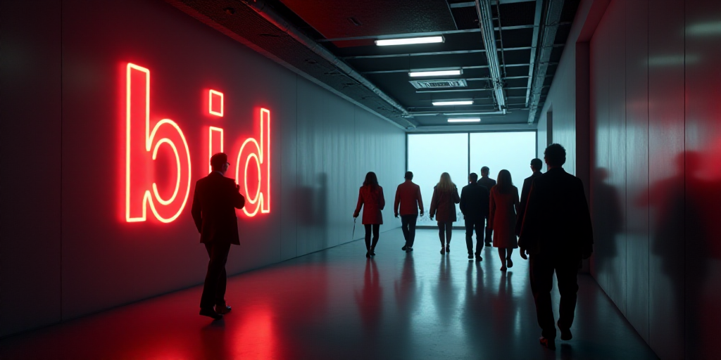 a group of people walking down a hallway next to a big sign that says bid on it's side, Charles Bill