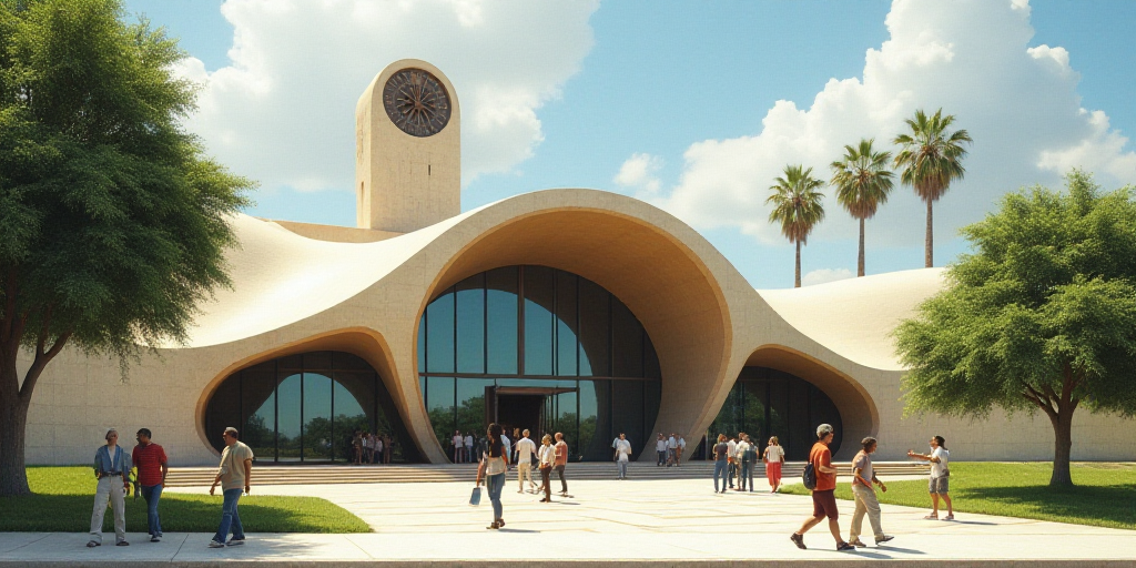 a group of people walking down a sidewalk next to a building with a domed glass front entrance and a