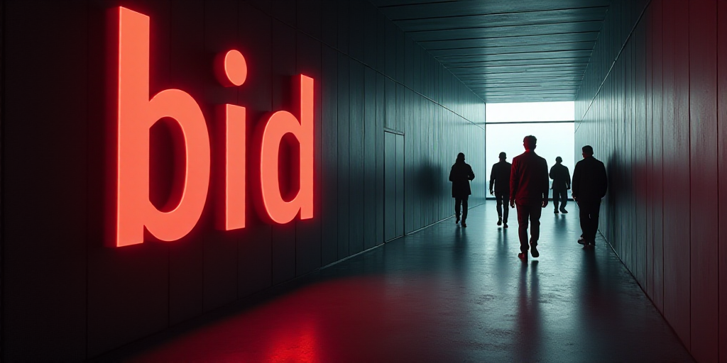 a group of people walking down a hallway next to a big sign that says bid on it's side, Charles Bill