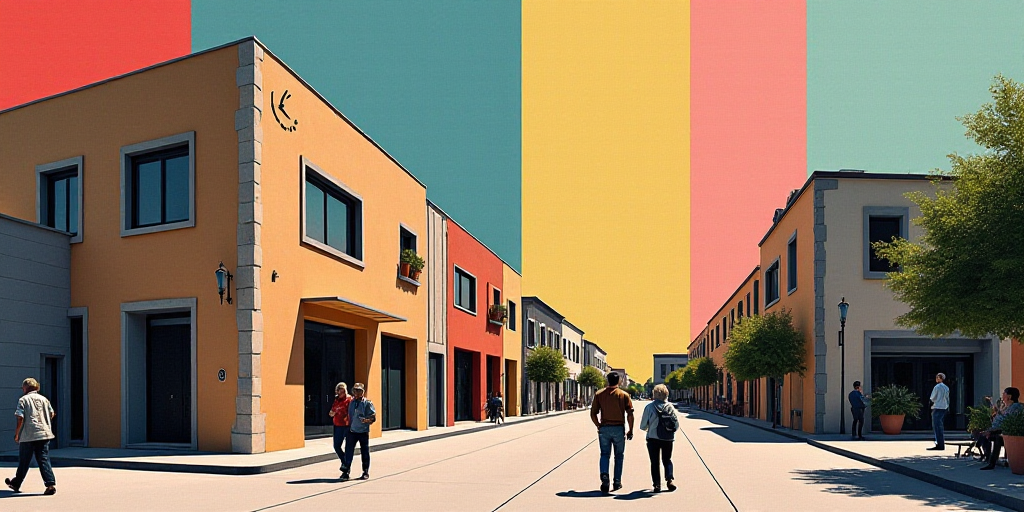 a group of people walking down a street next to a building with a clock on it's side, Aníbal Villac