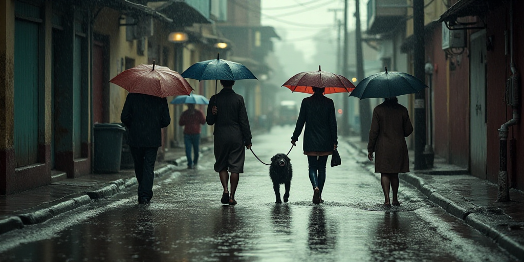 a group of people walking in a flooded street with umbrellas over their heads and a dog on a leash,