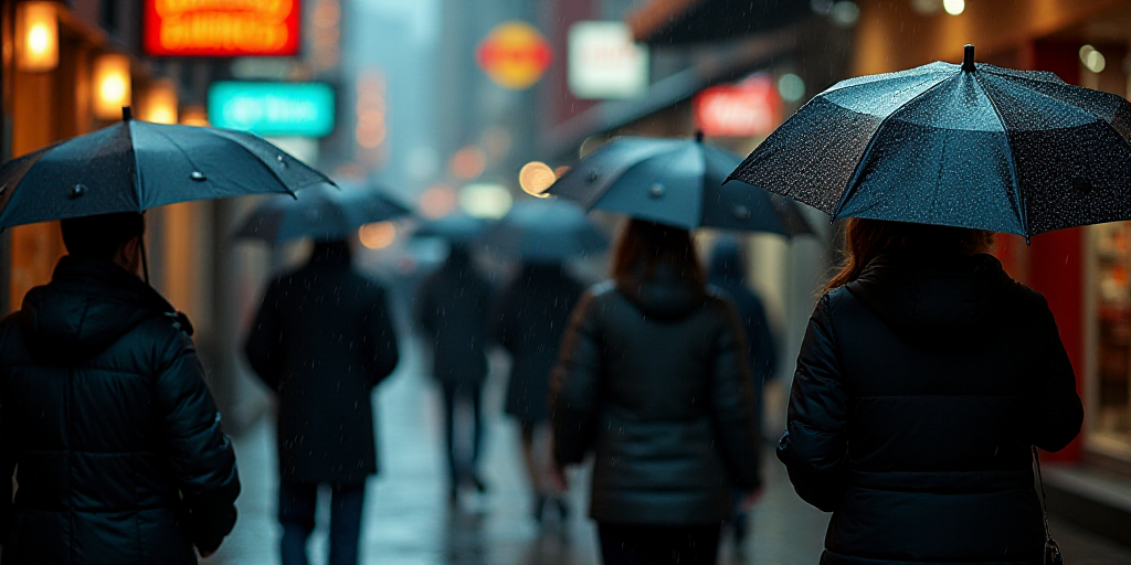 a group of people walking in front of a store with umbrellas in the rain, with a sign in the backgro