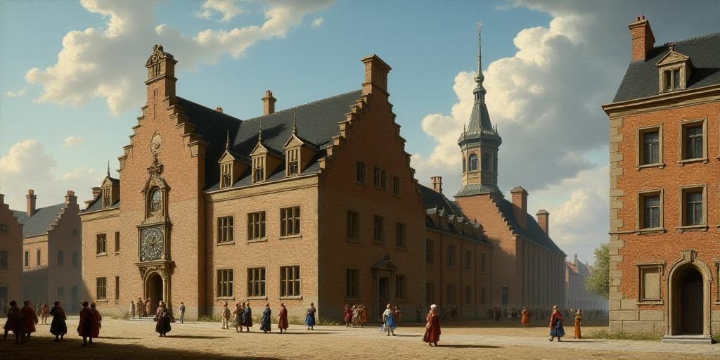 a group of people walking past a tall building with a clock on it's side and a clock on the front of