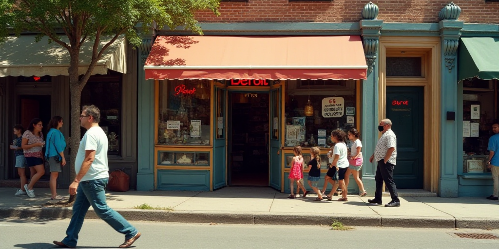a group of people walking past a store front with a sign that says perot on it and a few people walk
