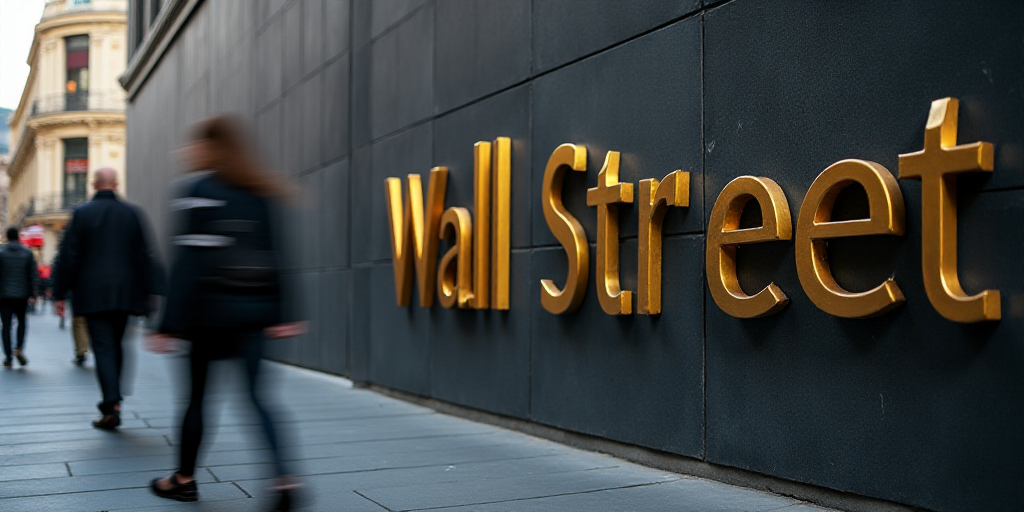 a group of people walking past a wall street sign on a building with a gold lettering on it's side,