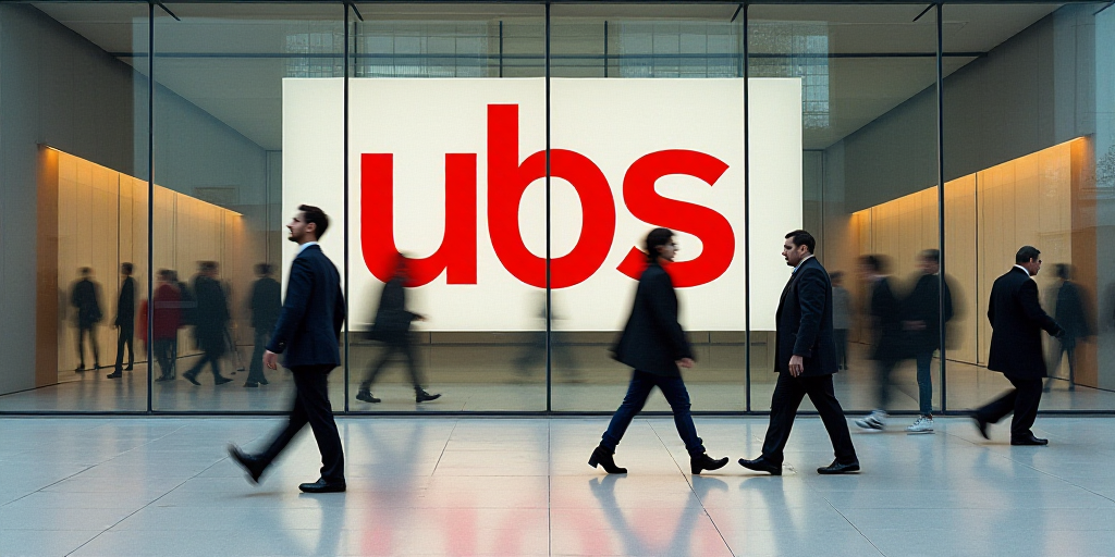 a group of people walking past a ubs sign on a building's glass wall with a red ubs logo, Alberto Su