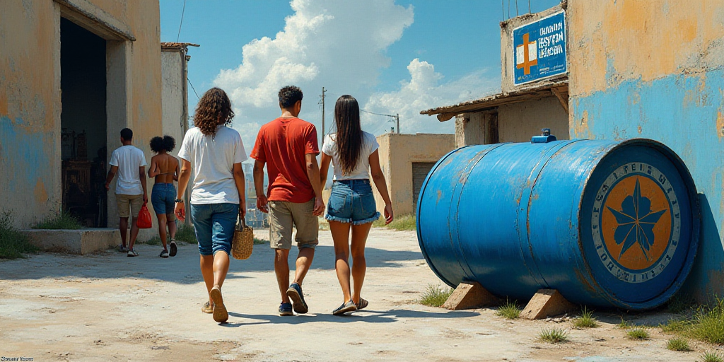 a group of people walking past a blue barrel with a logo on it and a blue and white sign, Dahlov Ipc