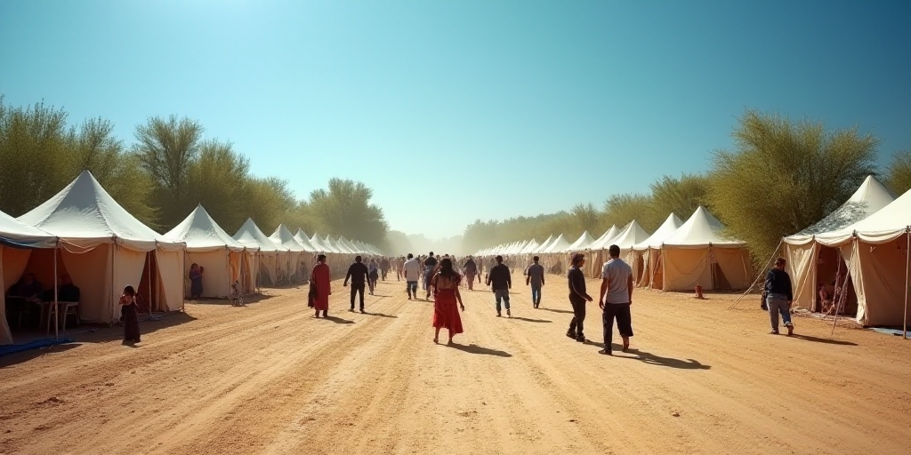 a group of people walking through a dirt field next to tents and trees on a sunny day with a blue sk