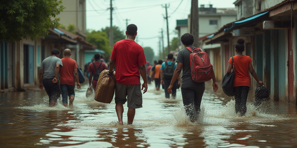 a group of people walking through a flooded street with luggage on their backs and a man in a red sh