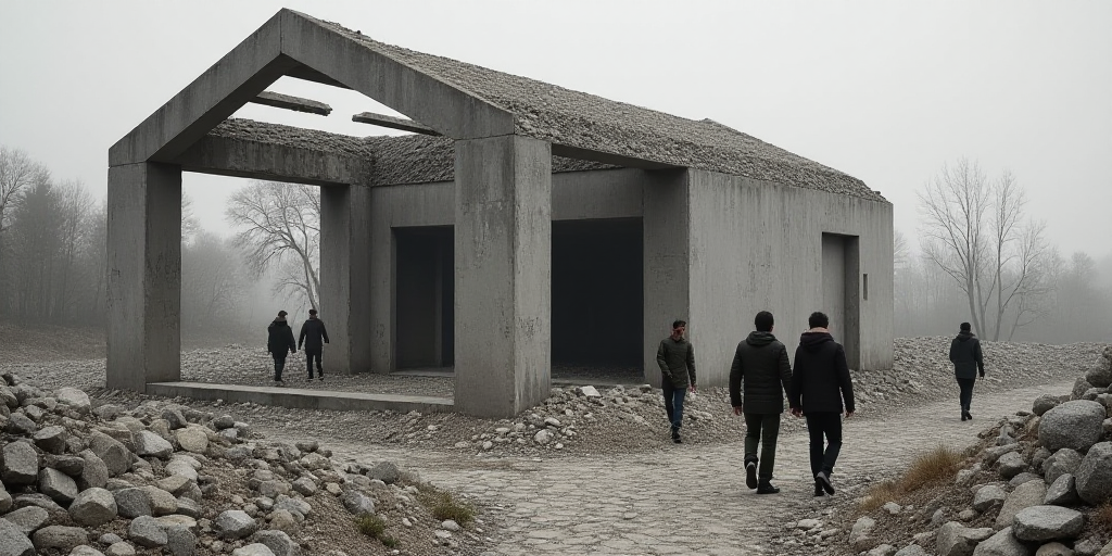 a group of people walking through a rubble covered building with a broken roof and a broken window o