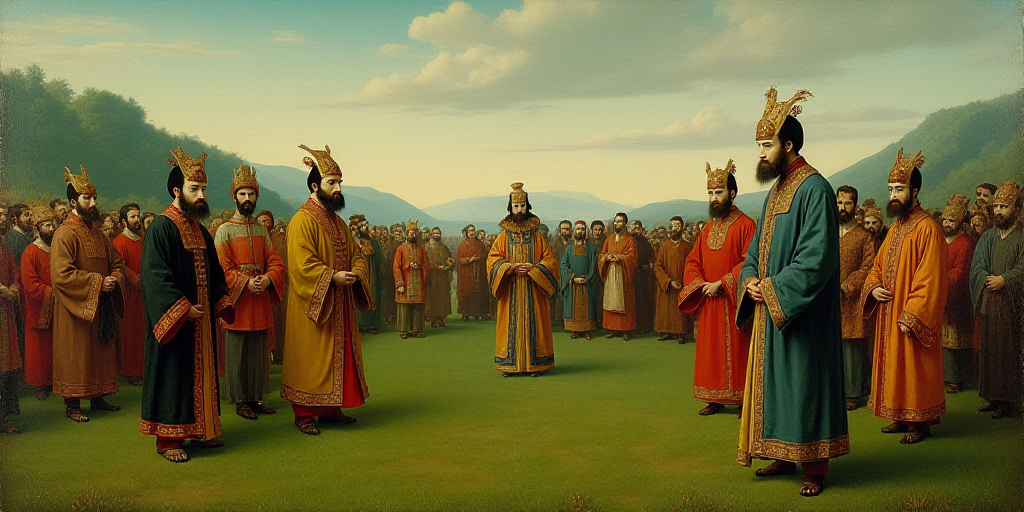 a group of people wearing masks and standing around a green field with a crowd of people in the back