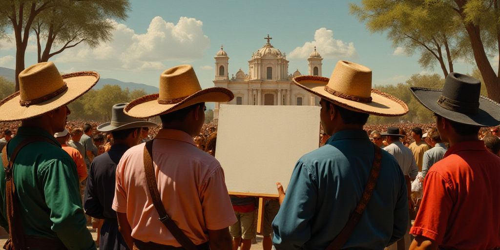 a group of people wearing mexican hats and holding a sign in front of them with a crowd of people wa