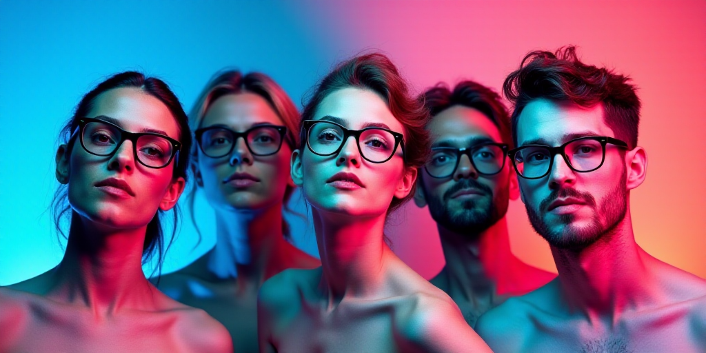 a group of people with glasses on their faces in a multicolored photo with a blue background and a p