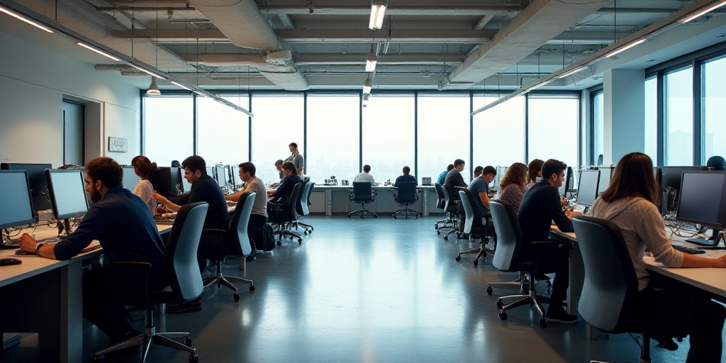 a group of people working in an office with a lot of desks and chairs and a large window, Enguerrand