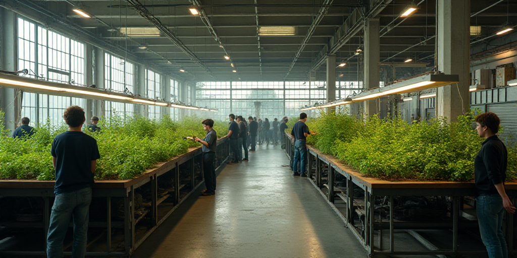 a group of people working in a factory with plants growing on the tables and on the floor of the roo