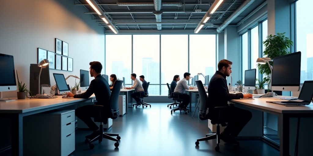 a group of people working in an office with a lot of desks and chairs and a large window, Enguerrand