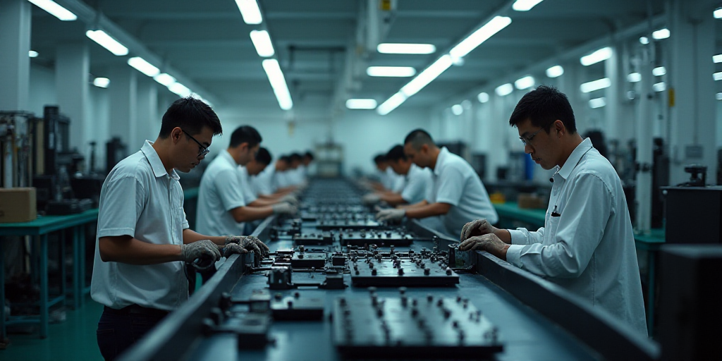 a group of people working on a machine in a factory with other people working on machines in the bac