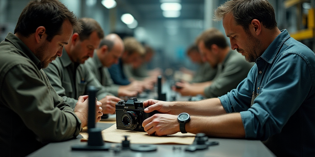 a group of people working on a project together in a factory or assembly line, with one man holding