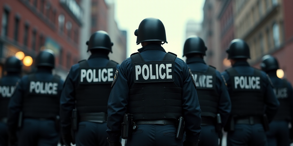a group of police officers standing in a line with shields on their backs and facing away from the c