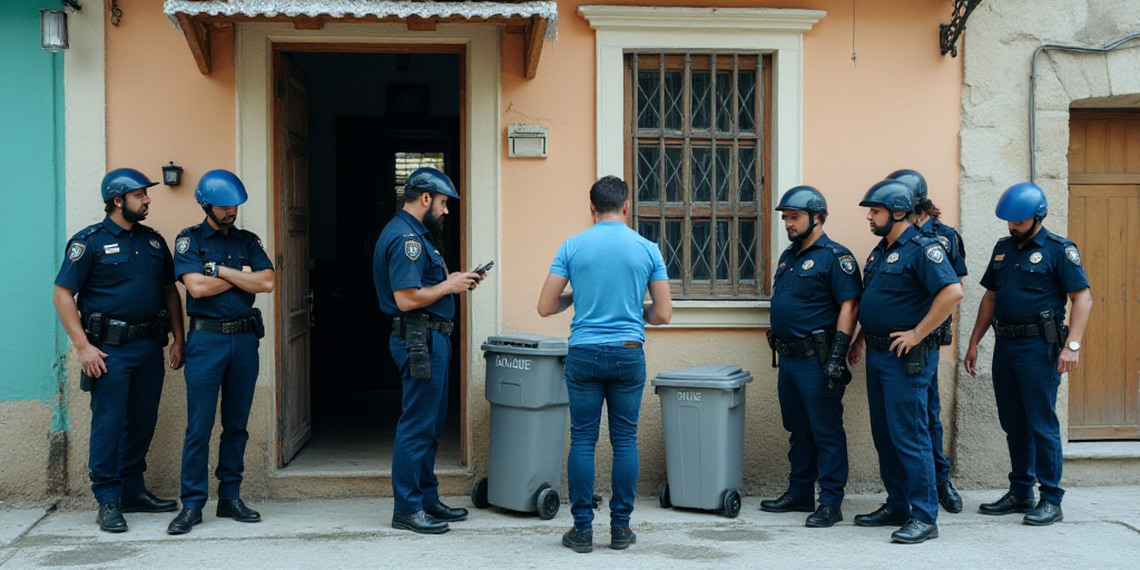 a group of police officers standing around a building with a trash can in front of them and a man in