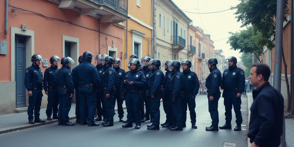 a group of police officers standing in a line on a street with a building in the background and a pe