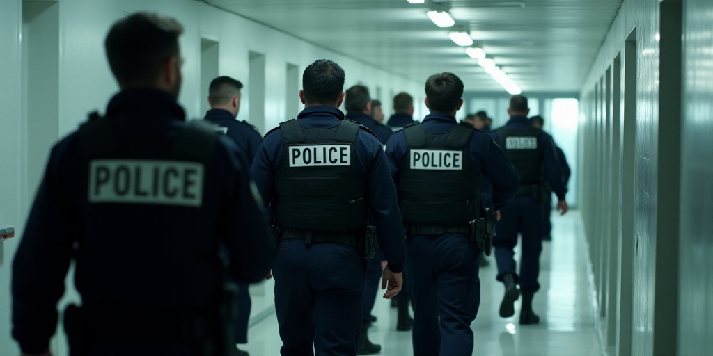 a group of police officers walking down a hallway together in uniform and vests on their backs, with