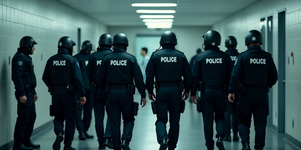 a group of police officers walking down a hallway together in uniform and vests on their backs, with