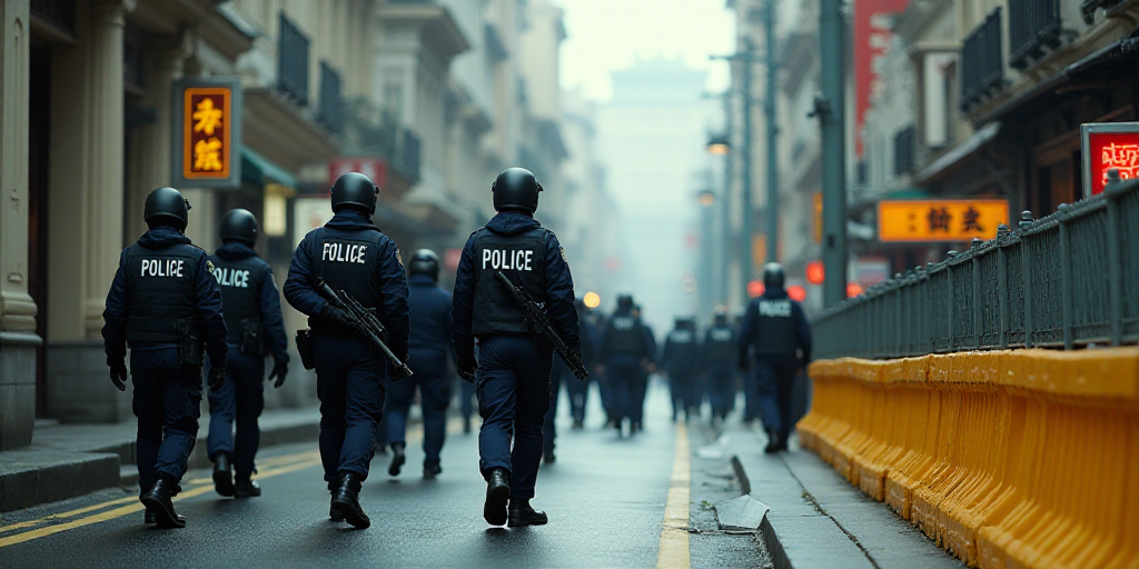 a group of police officers walking down a street next to a fence and a yellow barricade with a sign,