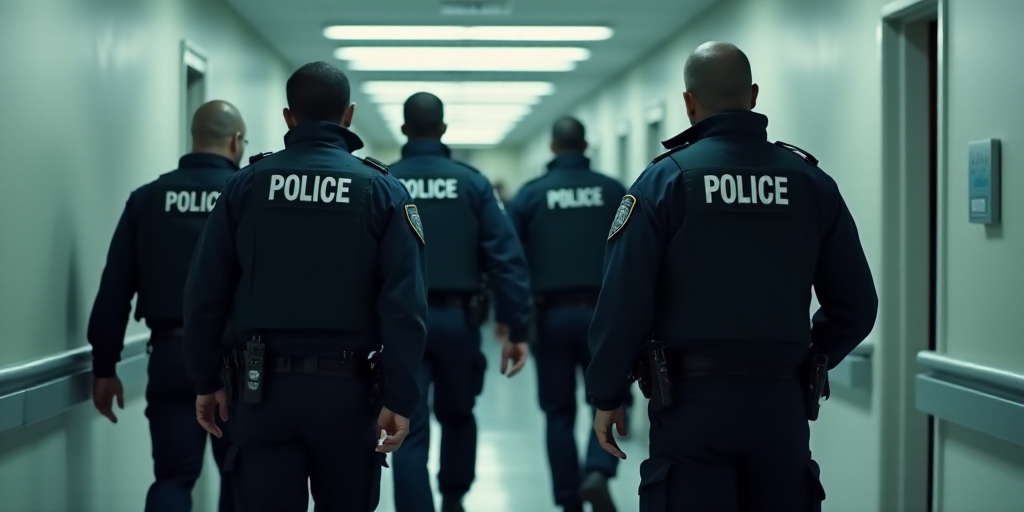 a group of police officers walking down a hallway together in uniform and vests on their backs, with