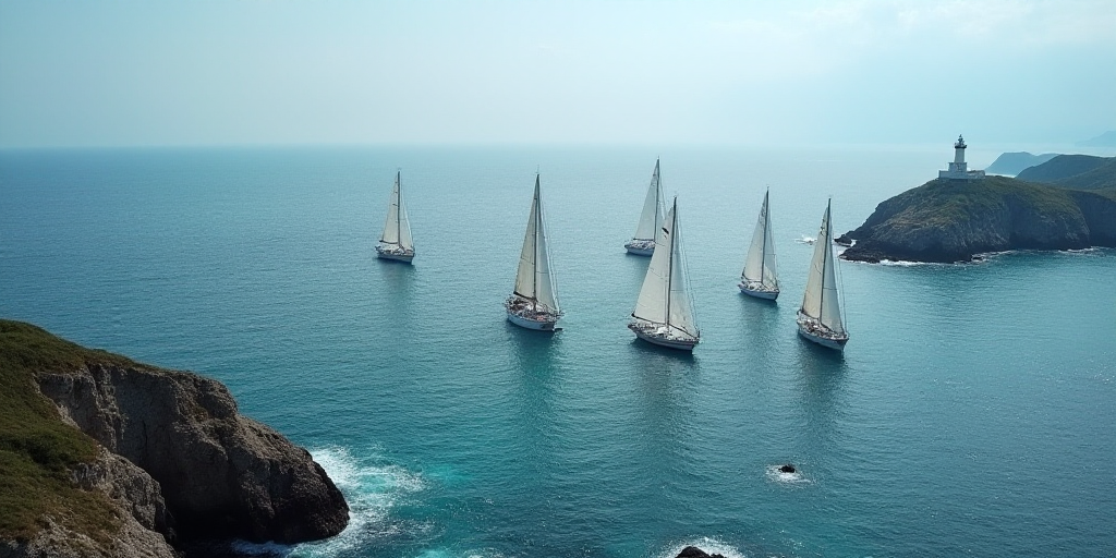 a group of sailboats floating in the ocean near a rocky shore and a lighthouse in the distance, from