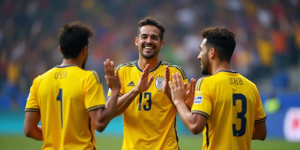 a group of soccer players are celebrating a goalie's goal with a smile on their face and hands, Fede