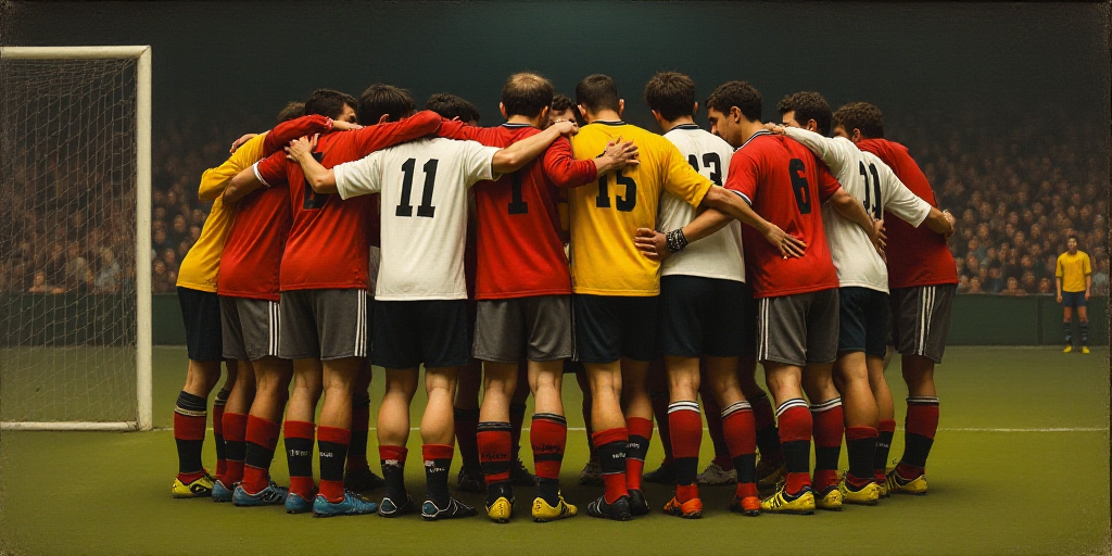 a group of soccer players are huddled together in a huddle in celebration of a goalie's goal, Estuar