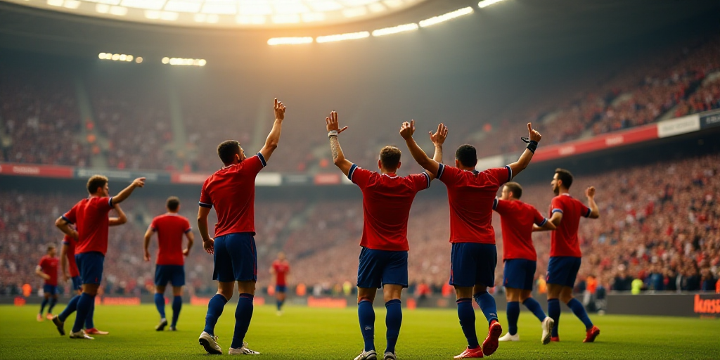 a group of soccer players celebrating a goal in front of a crowd of people in a stadium with their a
